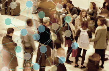 crowd of people in an airport terminal with a dot and line overlay 